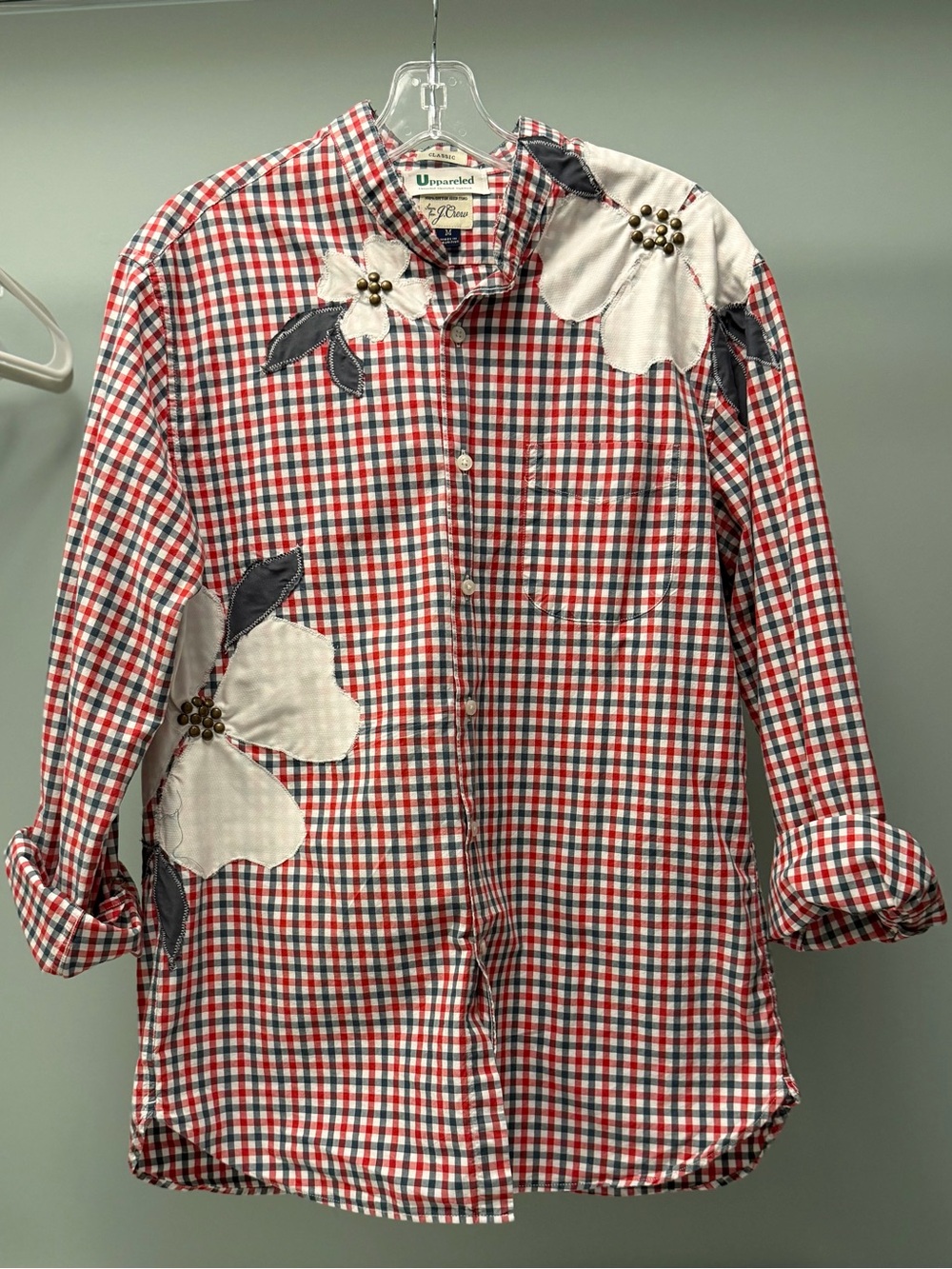 J. Crew Upcycled Red, White & Black Gingham Button-Down with Floral Appliqués